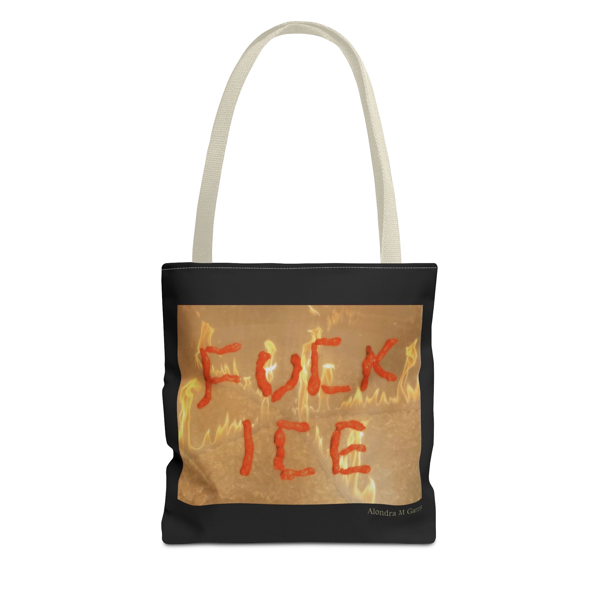 F*ck ICE Tote Bag - Fire Background - Black and Cream Handle
