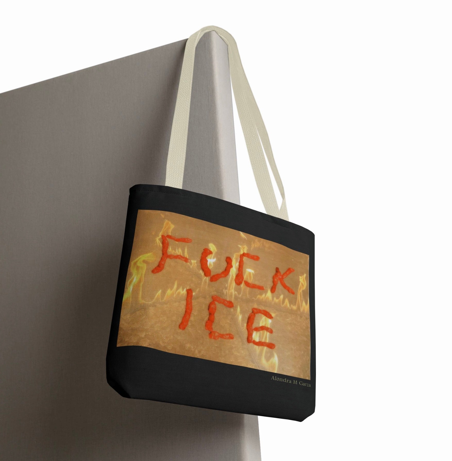 F*ck ICE Tote Bag - Fire Background - Black and Cream Handle